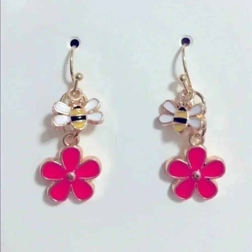 Hot Pink Bee & Flower Gold Drop Earrings NWT